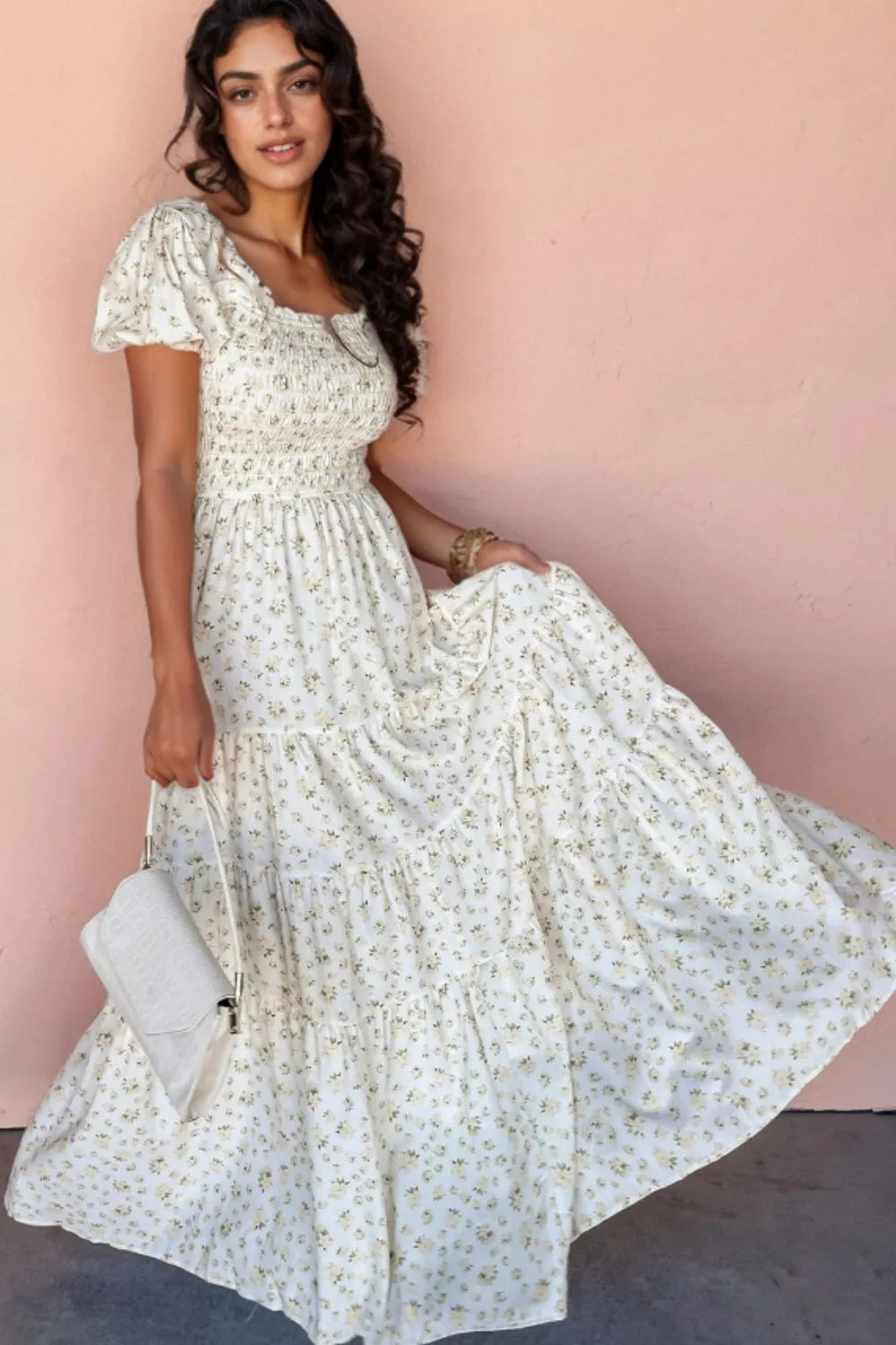 Floral Smocked Short Puff Sleeve Maxi Dress White / L