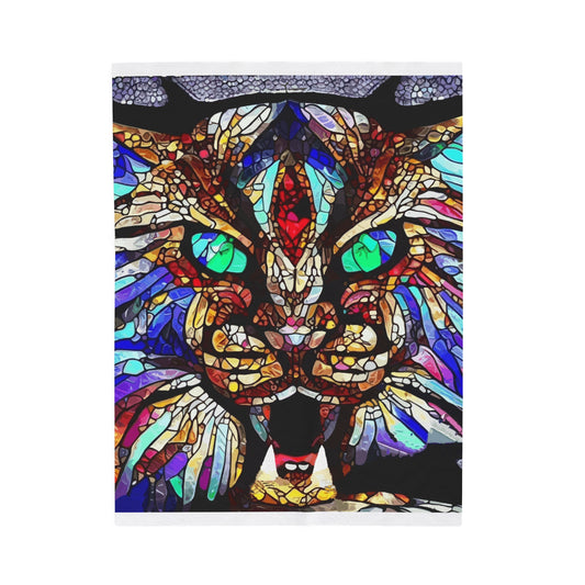 Manta de felpa de terciopelo con diseño de gato montés y vitrales
