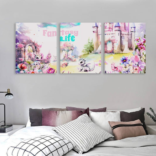 Three colorful wall art pieces with fairy tale designs on a gray wall above a bed.