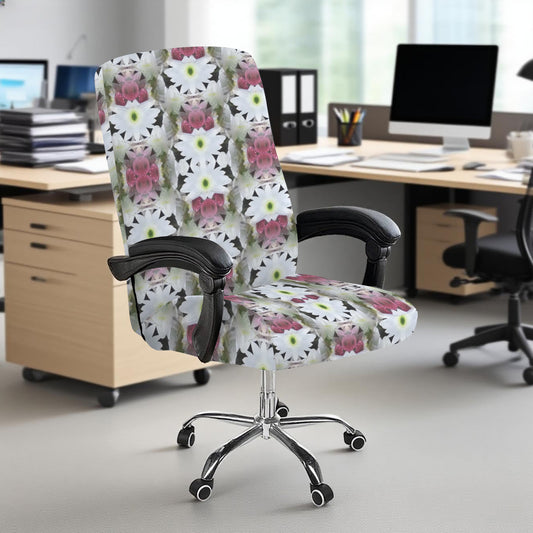 White Floral Pattern on Pink Office Chair Cover (Made in the USA)