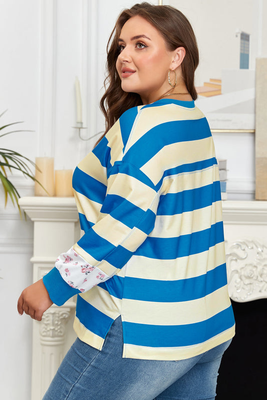 Women's Plus Size Blue Stripe Colorblock Drop Shoulder Top