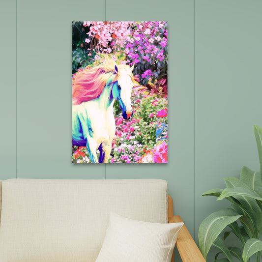 White Horse High Quality Canvas Framed Print Wall Art - 24"x36" (Made in USA)