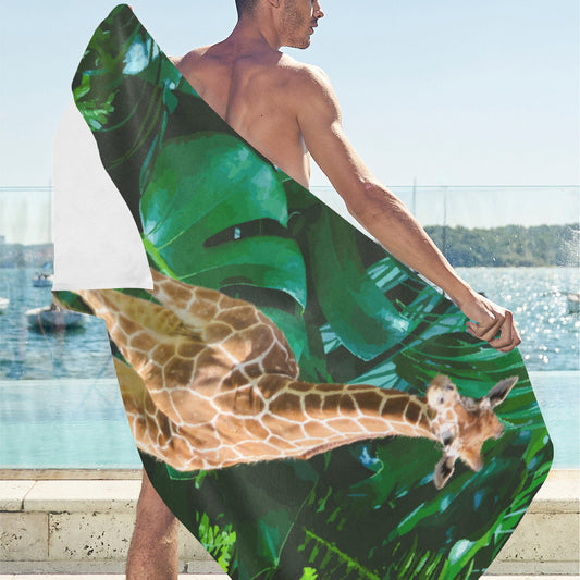 Toalla de playa con jirafa alta rodeada de vegetación - 80 x 180 cm (fabricada en EE. UU.)