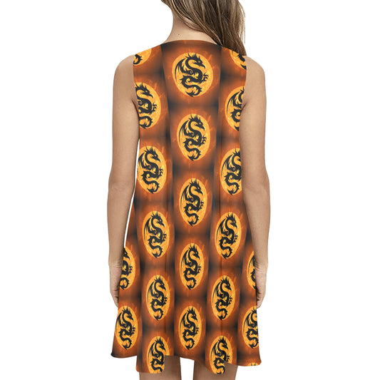 Orange Fire Dragon Sleeveless A-Line Pocket Short Dress