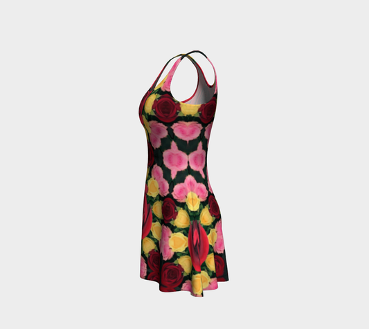 Women's Red and Yellow Roses Flared Bottom Mini Dress