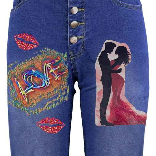Women's Couple in Love Decorated Jeans with Front Printing