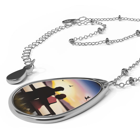 Couple Sitting on a Bench at Sunset Oval Necklace