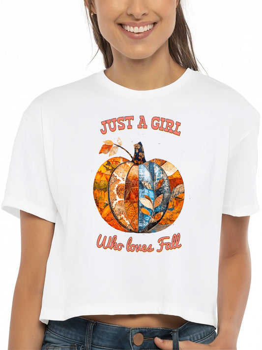 Just a Girl Who Loves Fall Pumpkins Cotton Crop Top for Women (Front Printing)