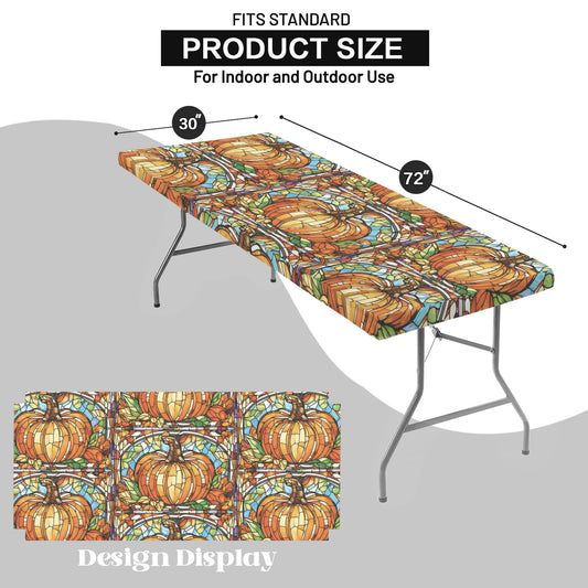 Thanksgiving Stained Glass Pumpkin Custom Elastic Fitted Tablecloth (Made in USA)