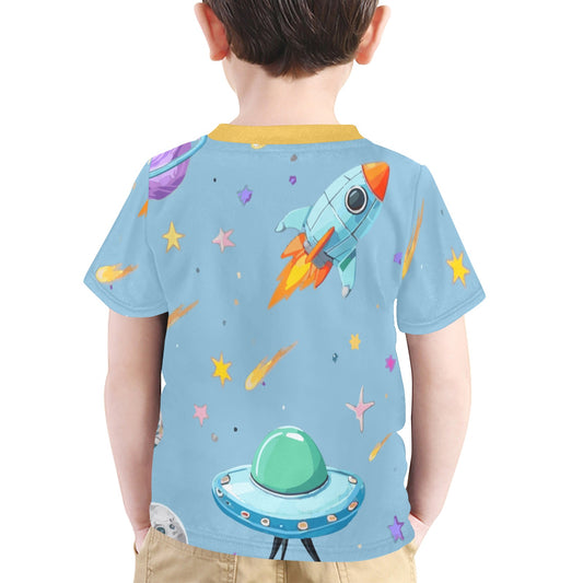 Space Illustration With Rocket Little Kids' All Over Print T-Shirt (Made in USA)