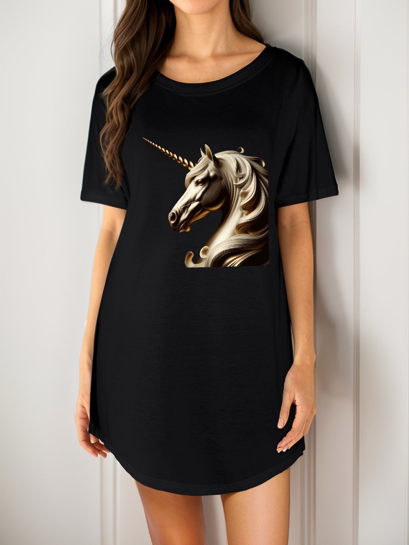unicorn dress for women Golden Unicorn Casual Summer T-Shirt Dress for Women (Front Printing) Black / M