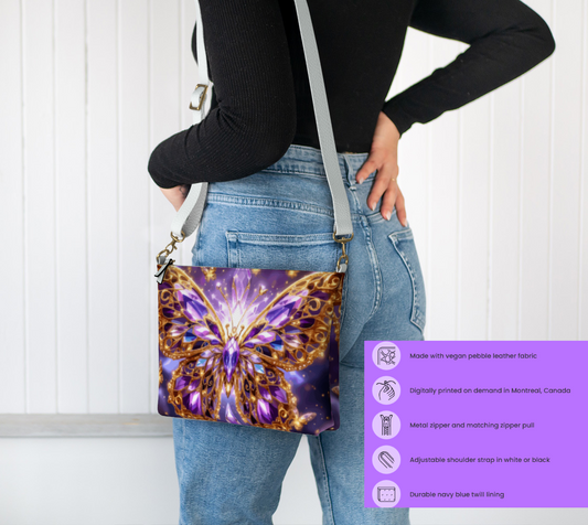 Crystal Purple Butterfly Vegan Leather Crossbody Bag