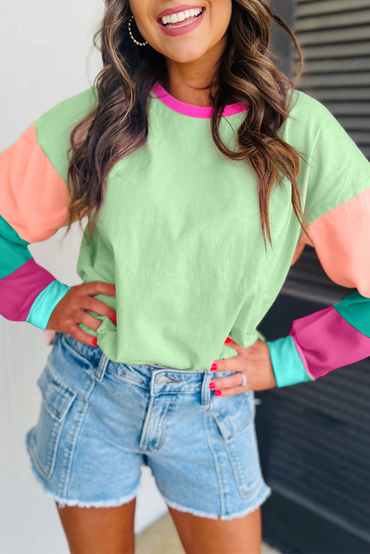 Women's Green Colorblock Patchwork Long Sleeve Loose Top