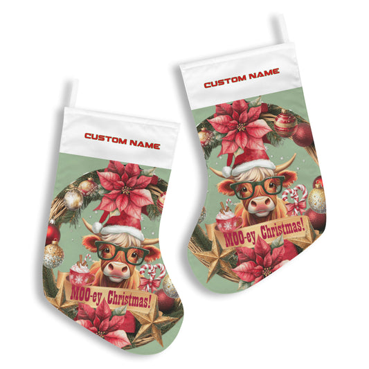 Two Christmas-themed socks with a cow design and 'Moo-ey Christmas!' text on a white background.