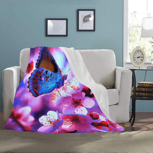 Butterfly and Pink Flowers Ultra-Soft Micro Fleece Blanket 50" x 60" (Made in USA)
