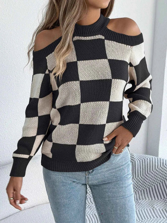 Cold Shoulder Checkered Long Sleeve Sweater