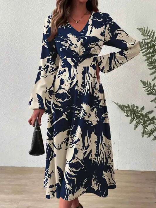 Women's Long Sleeve Printed Midi Dress