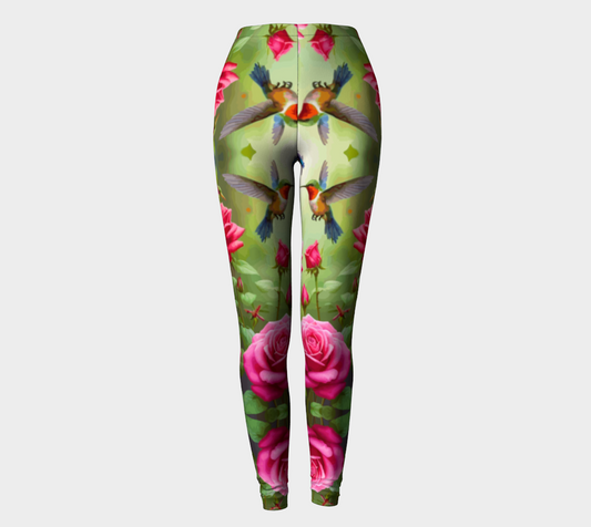 Hummingbirds and Pink Roses Printed Leggings