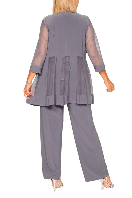 R&M Richards Three Piece Pants Suit Round Neck Sleeveless Top with Soft-Cut Draped Lapel Mesh Jacket Formal Dress (Plus Size)