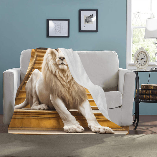 White Lion on Staircase Ultra-Soft Micro Fleece Blanket 40" x 50" (Made in USA)