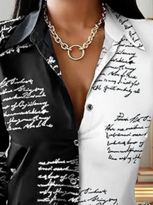Women’s Black & White Cursive Text Casual Long Sleeve Button Front Blouse