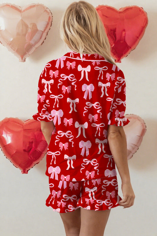 Bow Ruffle Sleeve Shirt and Shorts Pajama Set