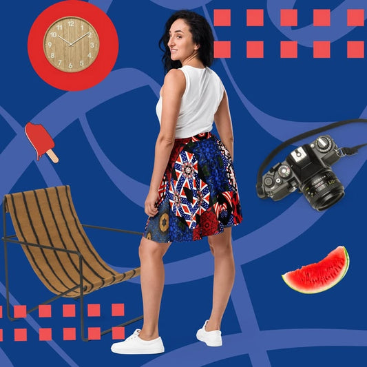 Women's USA Red White and Blue Block Pattern Skater Skirt