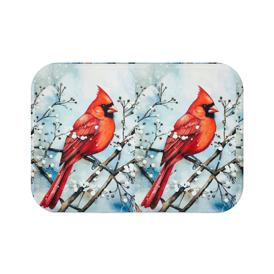 Red Bird in the Snow Bath Mat