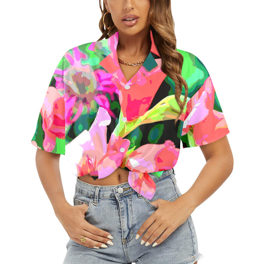 Camisa hawaiana con flores rosas para mujer (fabricada en EE. UU.)