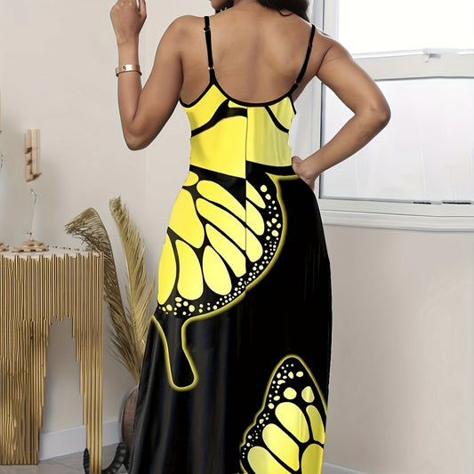 Ladies' V-neck Fashionable Butterfly Print Black Maxi Dress