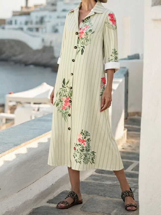 Plus Size Floral Striped Button-Down Midi Shirt Dress