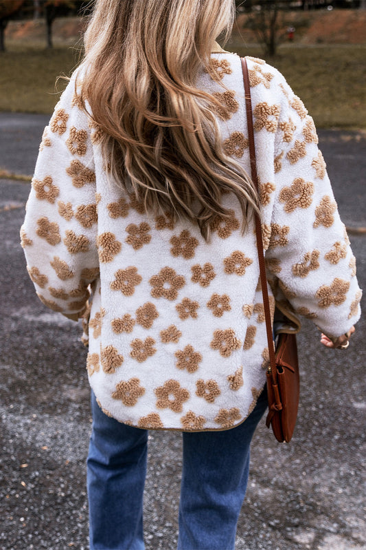 Beige Floral Button-Up Fleece Pocketed Jacket
