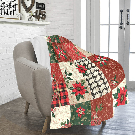 Christmas Patchwork Faux Quilt Design Ultra-Soft Micro Fleece Blanket (Made in USA)