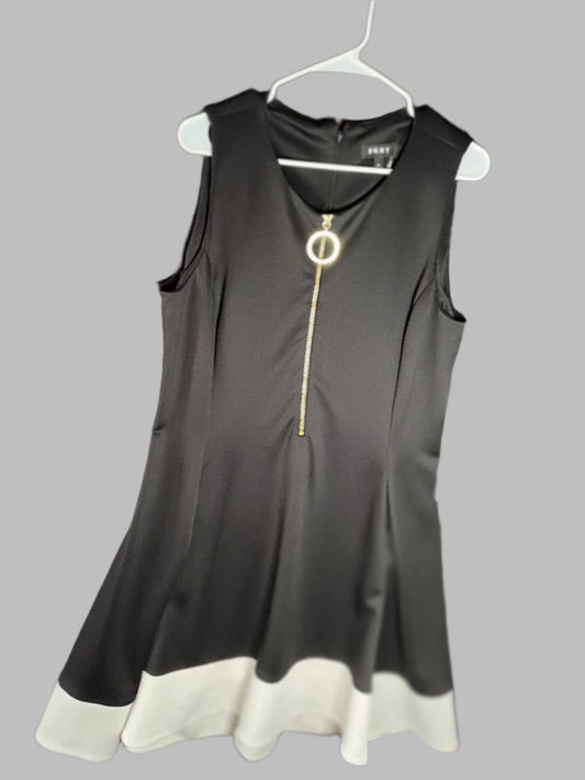 DKNY Black Dress with Zipper Front and White Hem Trim - Size 14