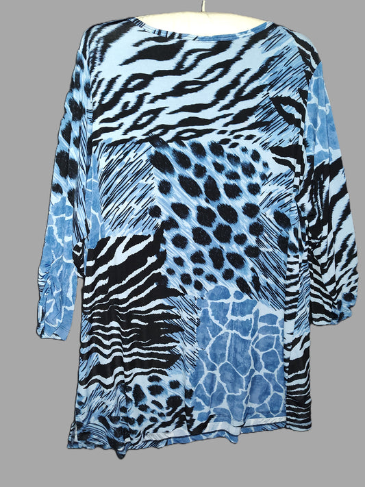 Susan Graver Blue Leopard V-neck 3/4 Sleeve Tunic - Size 1x
