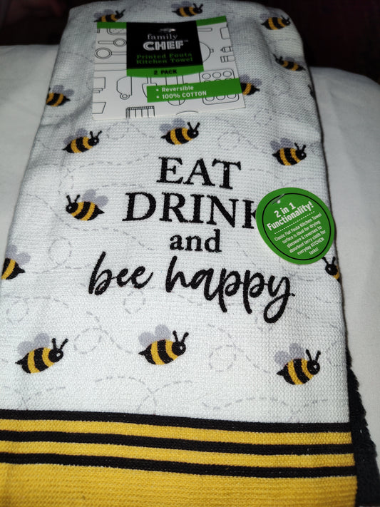 Eat Drink and Bee Happy Kitchen Towels
