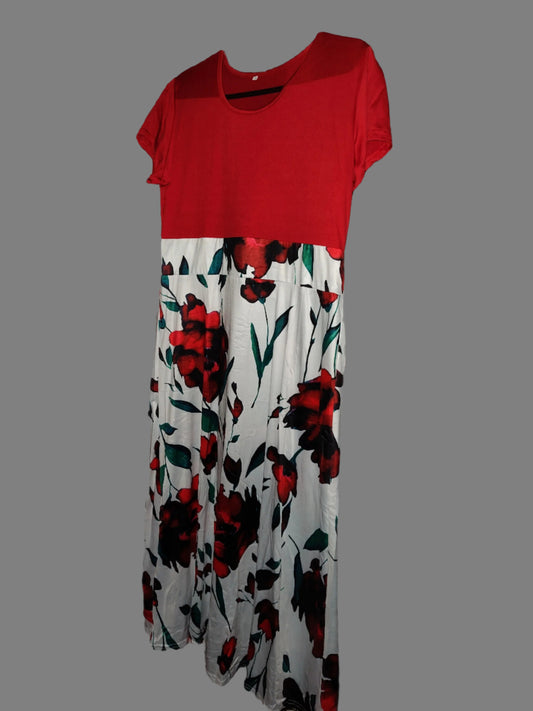 Women's Red Floral Short Sleeve Maxi Dress - size 1XL