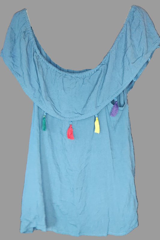 Indulge In Style Women's Off Shoulder Blue Sleeveless Blouse with Colorful Tassels
