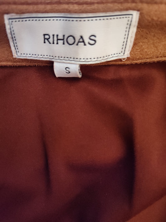 Burnt Orange Rihoas Suede Ruched Long Sleeve Midi Dress - size S