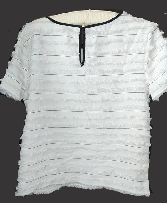 Vince Camuto White Fuzzy Blouse with Black Trim