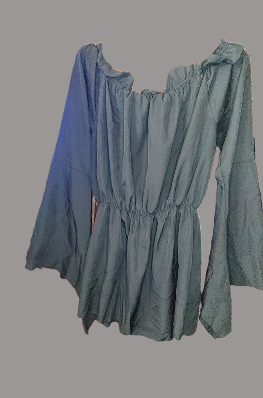 Black Polyester Ruffle Blouse with Gathered Waist and Neckline - size XL