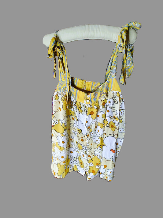 Yellow Floral Boho Tank Top with Tie Straps