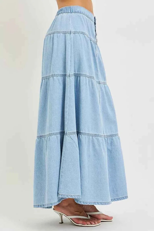 Light Wash High Rise Ruffle Tiered Button Front Maxi Skirt by Risen