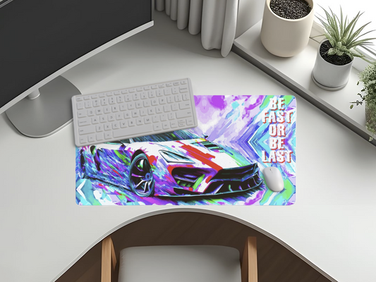 Modern home office desk setup with a computer, keyboard, and mouse on a colorful mouse pad.