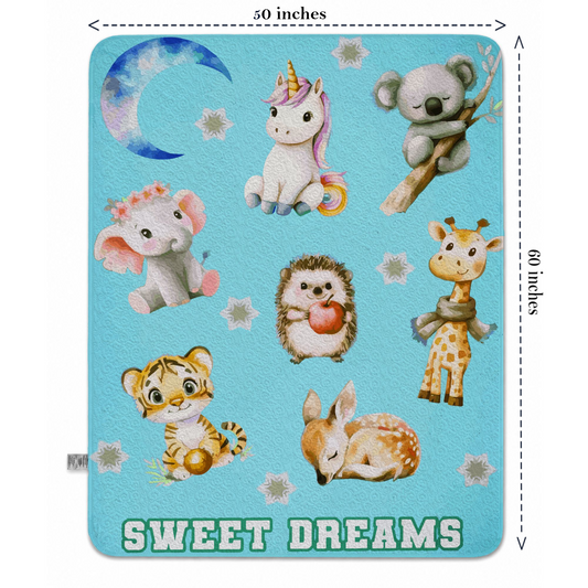 A square baby blanket with rounded corners featuring a light blue background and a watercolor-style illustration of cute animals including a unicorn, koala, elephant, hedgehog, giraffe, tiger, and deer, with a crescent moon and stars. The words 'SWEET DREAMS' appear at the bottom.