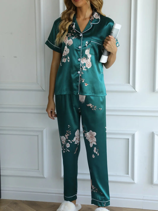 Green Floral Satin Pajamas Short Sleeve Top & Long Pants Loungewear Set