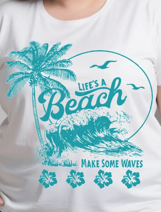 Life's a Beach T-shirt Women's Large White & Teal Summer Vacation Tee