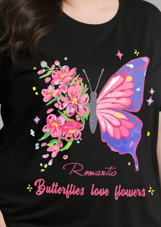 Women's Pink Butterflies Love Flowers Black Graphic T-shirt - size Large