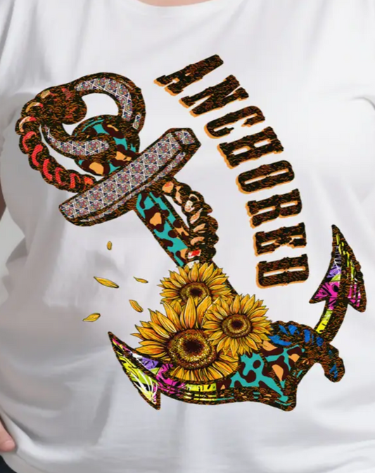 Anchored T-shirt Women's Large White Faith-based Sunflowers and Anchor