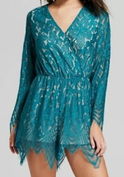 Xhilaration Women's NWT Teal Floral Lace Long Sleeve Romper - size XS